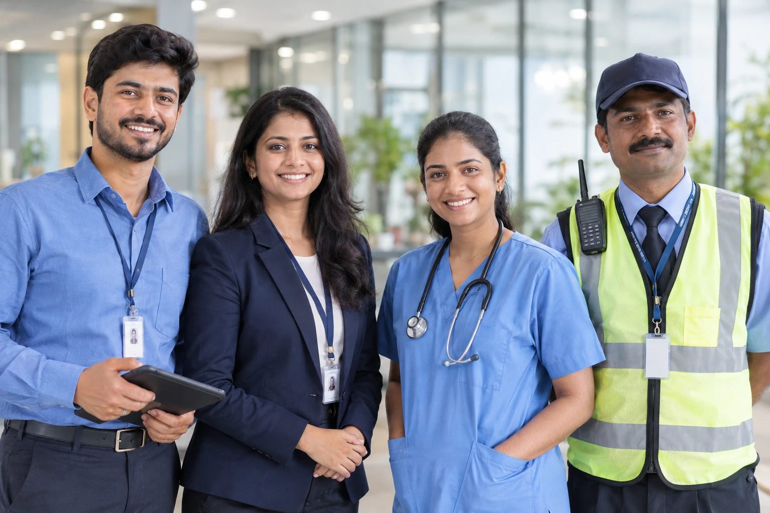 A diverse team of professionals standing together in an office